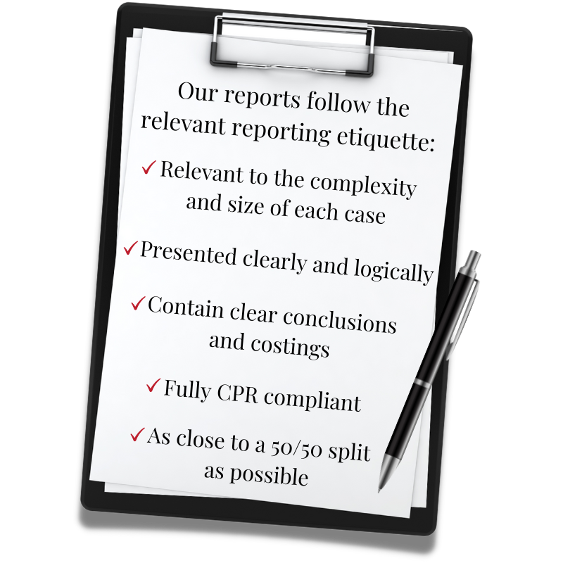 Clipboard with text titled ‘Our reports follow the relevant reporting etiquette’