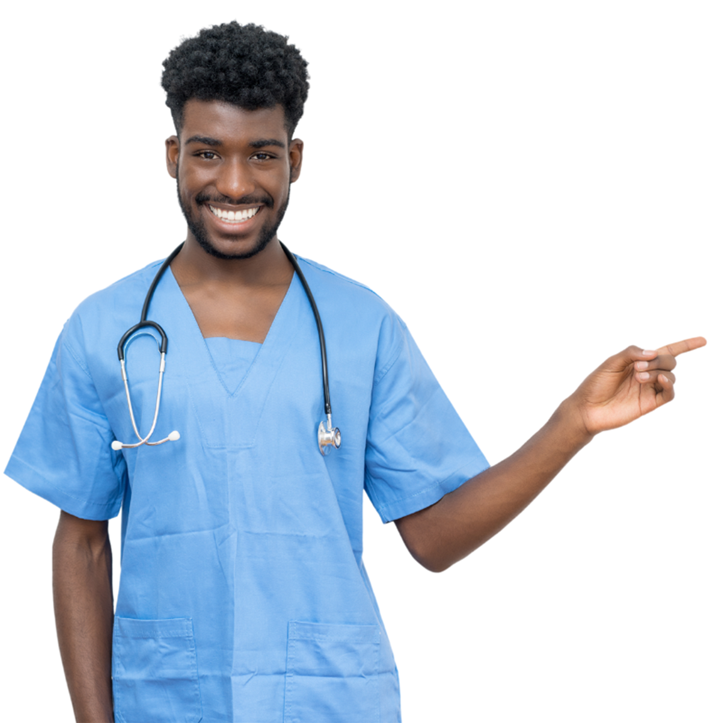A happy male nurse pointing to the left.